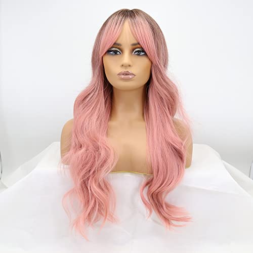 Xiweiya Wigs Ombre Orange Pink Wig with Air Bangs Hair Long Wavy Synthetic Straight Heat Resistant Fiber Wigs Middle Parting for Women Drag Queen Cosplay Makeup