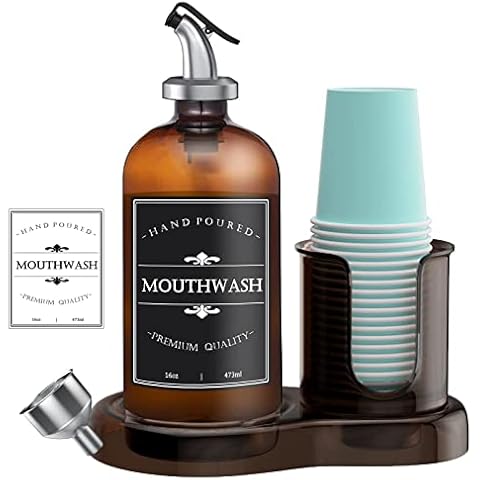 Amber Glass Mouthwash Dispenser with Cup Holder for Bathroom, 16oz Refillable Mouthwash Bottles Container with Tray, Funnel and 2 Waterproof Labels Cover