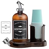 Amber Glass Mouthwash Dispenser with Cup Holder for Bathroom, 16oz Refillable Mouthwash Bottles Cont