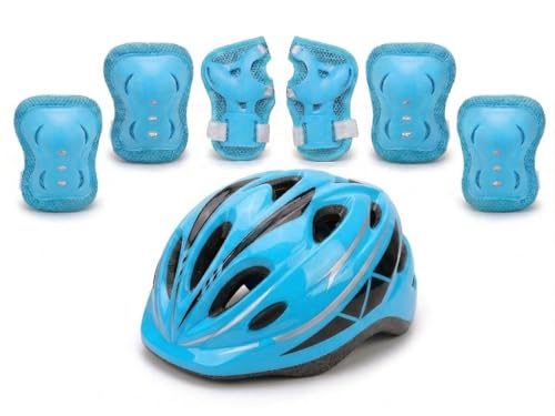 Image of JERN 7 Pieces Kids Children Roller Skating Bicycle Cycling Scooter Helmet Knee Elbow Pad Wrist Guard Set (Blue)