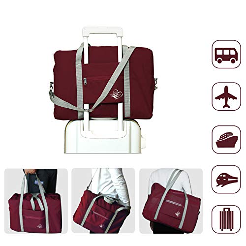 FUNFEL Foldable Travel Duffel Bag Tote Carry on Luggage Sports Water Resistant Nylon (Ⅲ-Wine Red)