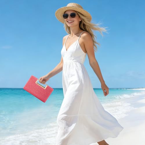 Image of Women's Straw Raffia Clutch Purse, Top Handle Woven Handbag with Crossbody Strap, Summer Beach Shoulder Bag