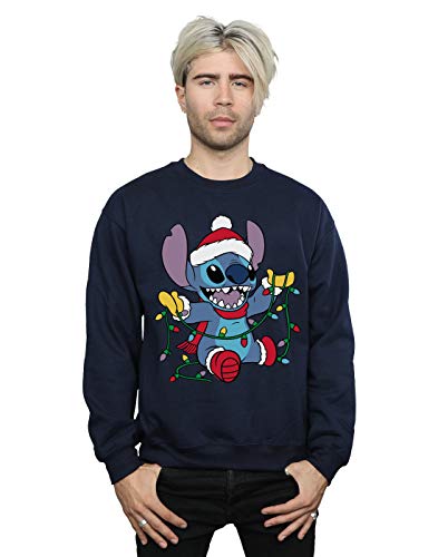 Disney Men's Lilo And Stitch Christmas Lights Sweatshirt Navy Blue Large