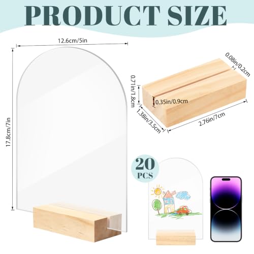 Image of Bercoor 20 Pack 5x7 Inch Blank Clear Arch Acrylic Sign with Wooden Stands, Arched Round Top Acrylic Sheet, DIY Acrylic Arch Table Numbers for DIY Name Card Gifts Event Party Sign Decoration