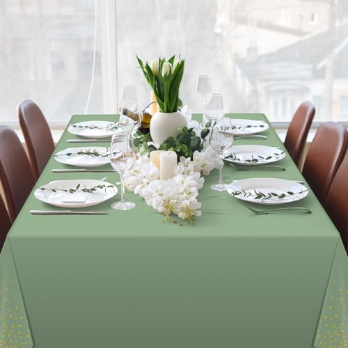Image of 6 Pack Sage Green and Gold Plastic Tablecloth, Green Disposable Table Cloth for Rectangle Tables, Gold Stamping Dot Light Green Tablecloth for Baby Shower Birthday Wedding Party Decorations, 54 inchx108 inch