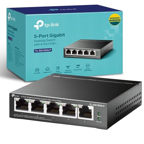 TP-Link TL-SG1005LP 5 Port Gigabit PoE Switch, 4× Gigabit PoE+ Ports, 802.3af/at 30W, 40W Total Budget, Network switch, Power Saving, Plug & Play, Metal Case, Ethernet Switch, Ethernet Split