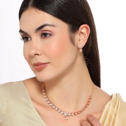 Image of Nilu's Collection Rose Gold Plated Necklace Set With Matching Earrrings For Women And Girls | Anti-Tarnish | Anti-Allergy| Anniversary Gift |Gifting