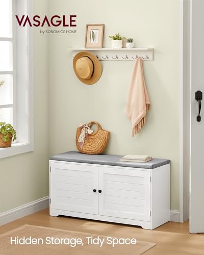 Image of VASAGLE Shoe Storage Bench with Cushion, 3-Tier Entryway Bench with Padded Seat, Doors, Adjustable Shelves, 14 x 39.8 x 20.7 Inches, for Hallway, Bedroom, Cloud White and Dove Gray ULSB044W01