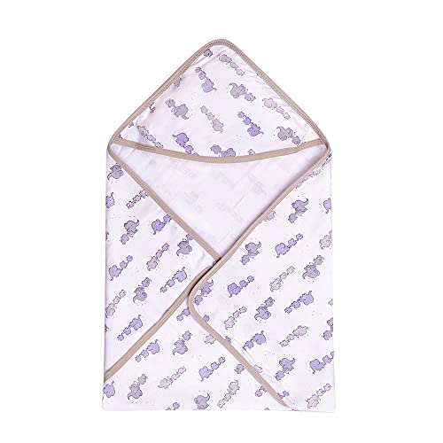 Image of pom-pom SWEET HEARTS Cotton Hooded Swaddle Wrapper for New Born Baby | Two Layer Wrapper /Blanket /Receiving Blanket | Soft, Lightweight and Travel Friendly | (Elephant) (0-6 Months)