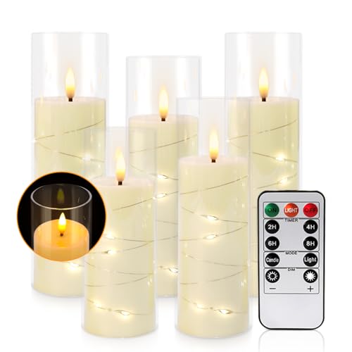Image of Pack of 5 (D2.2 X H 5 inch 6 inch 7 inch) Ivory Flickering Flameless Candles Battery Operated with Remote, LED Pillar Candles with Realistic Moving Wick for Halloween, Christmas, Home Decor.