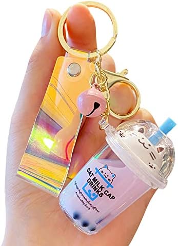 HSYHERE Girls Women Romantic Help Relax Fortune Cat Lucky Kitty Milk Tea Bubble Tea Cup Keychain Keyring Key Chain Key Ring image 2