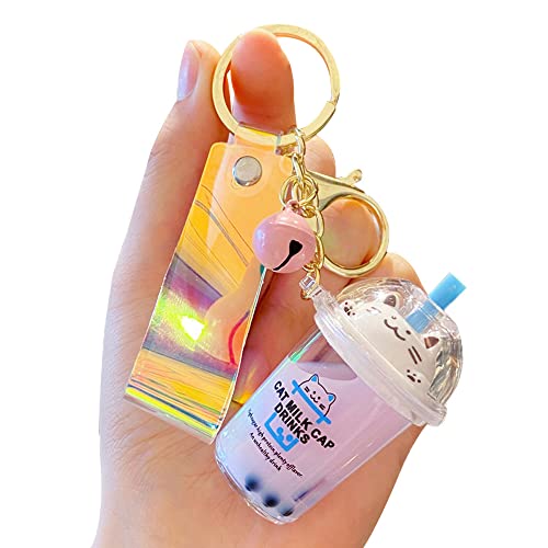 Hsyhere Men Women Creative Cute Lovely Simulation Fortune Cat Good Luck Lucky Kitty Milk Tea Cup Keychain Keyrings, Moving Sand Car Key Chain Key Ring Bag Pendant Key Holder Strap Bell -Purple #TOP6
