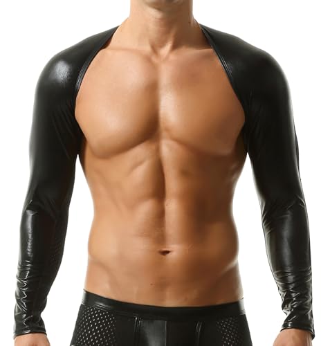 Men's Sheer Mesh Metallic Shrug Long Sleeve Crop Top Hollow Arm Breathable Rave Shirt for Dancing Clubbing Black XL