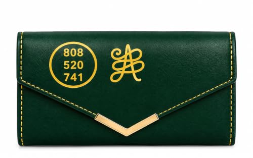Image of Dark Green Artificial Leather Wallet for Women with Golden Engraved Zibu Symbol & Angelic Numbers | RFID Ladies Purse | Zip Around Card Holder | Stylish Clutch Wallet for Daily Use & Gift