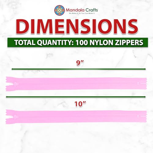Image of Mandala Crafts 100 PCs Pink Closed-End 9 Inches Nylon Zippers for Sewing