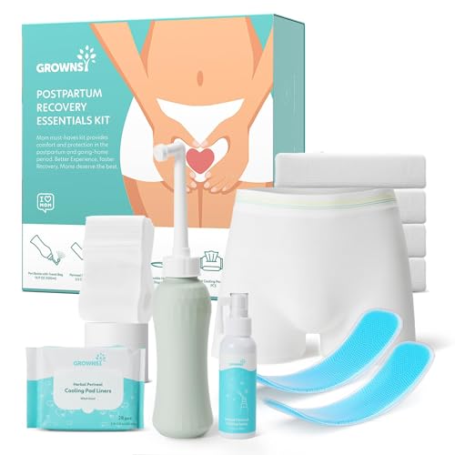 Grownsy Postpartum Essentials Recovery Kit for Labor & Delivery | Postpartum Kit for Women | Includes Upside Down Peri Bottle Perineal Spray 28 Cooling Pad Liners 2 Ice Packs &4 Disposable Underwear