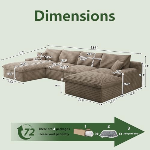 Image of 136 inch Cloud Couch Modular Sectional Sofa for Living Room, U-Shape Boneless Couch with Deep Seat, Modern Corduroy 4-Seater with Ottoman, No Assembly Required (Camel,Left-Facing Chaise)