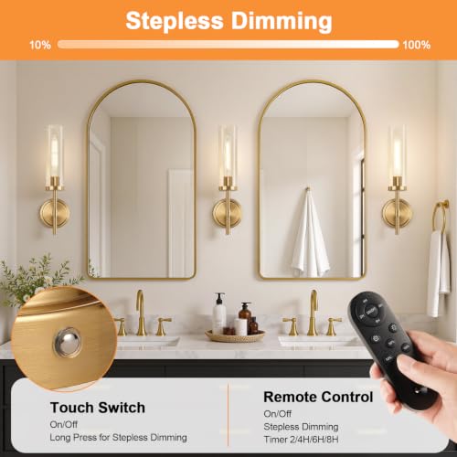 Image of Battery Operated Wall Sconce Set of 2,Brushed Gold Wireless Rechargeable Wall Lighting Fixtures with Remote Control,Dimmable Wall Light for Bathroom ,Vanity, Living Room, Bedroom, Hallway, Stairway