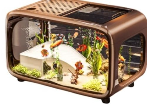 EVREFIN 小型水槽セット カバー付き キリフィッシュ、ベタ、金魚、テトラポッド魚用 静音フィルター デスクトップ リビングルーム 寝室 屋内 クリエイティブ カバーデスクトップ (【ブラウンデラックス】クライミングフレーム+水草+海塩+魚の餌+ホタテ