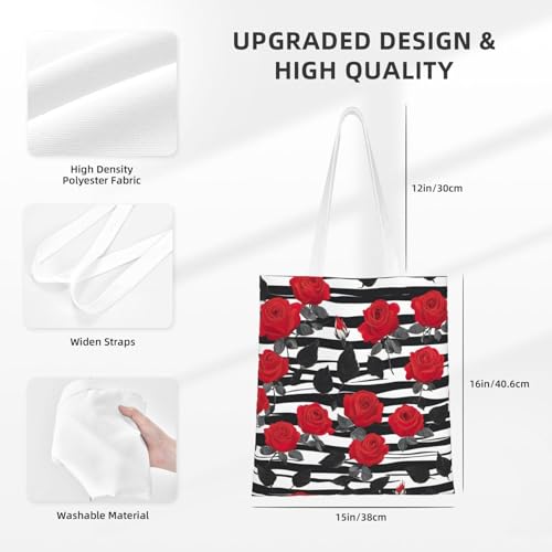 Black White Stripes Red Rose Flowers Print Polyester Canvas Tote Bag, Worthy Shopping Bag, Ideal For Present And Daily Errands4