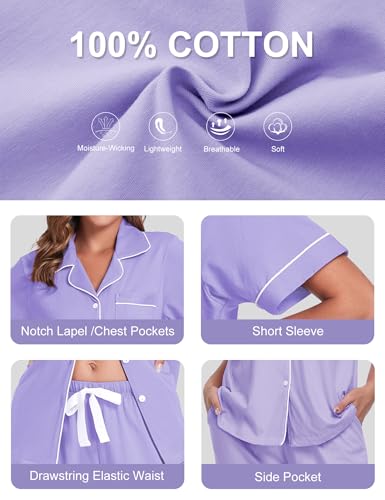 Image of COLORFULLEAF Women's 100% Cotton Pajamas Set Button Down Sleepwear Short Sleeve Shirt and Long Pants Soft Ladies Lounge Sets