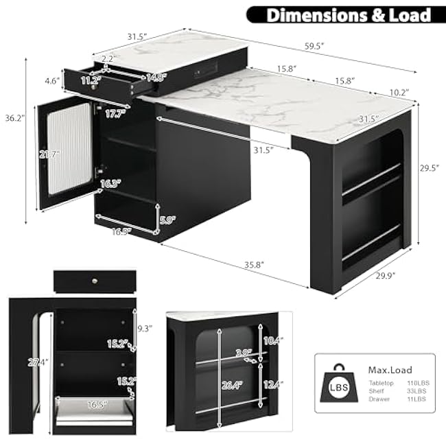 59.5 Kitchen Island with Extendable Dining Table, Double-Sided Storage & Power Outlet, 2 Drawers, Side Open Shelves, Mobile Kitchen Cart for Dining Room,Black-Ea6giKCQ