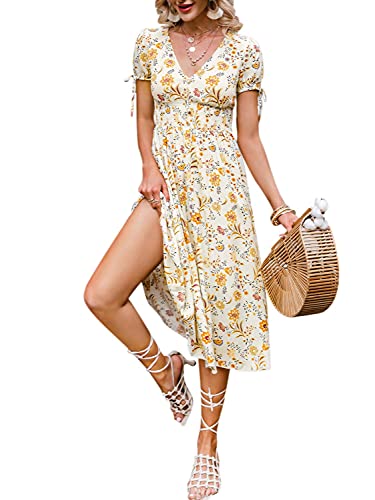 Amegoya Women's Floral Printed Cotton Dress V Neck Puff Sleeve Ruffle Boho Long Dress(Yellow 4-6)