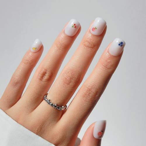 Glamnetic Press On Nails - White Extra Short Fake Nails with 3D Fruit | Salon Quality Summer Nails | Sweet Picks |12 Sizes - 30 Nail Kit with Glue
