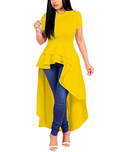 Image of Lrady Womens Casual Shirt Dress High Low Irregular Ruffle Hem Blouse Asymmetrical Peplum Long Tunic Tops