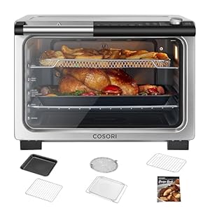COSORI 11-in-1 Ceramic Air Fryer Toaster Oven Combo, Flat-Sealed Heating Elements for Easy Cleanup, Innovative Burner Function, 5 Accessories & Recipes, 26QT, Silver, Stainless Steel