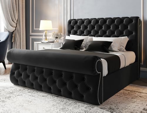 King Sleigh Beds Furnishion Sworn Sleigh King Size Bed Frame 5ft, Modern Plush Velvet Upholstered Panelled Design, Luxury King Size Beds for Stylish Bedrooms, Strong 5ft Bed Frame with Wooden Slats in Black Plush