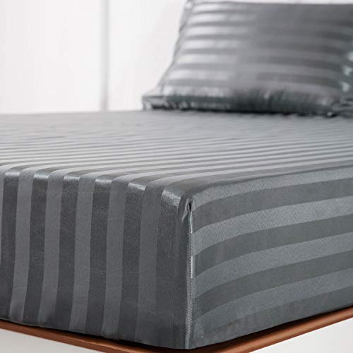 Image of Lanest Housing Satin-Silk Sheets Full Size Bed Set, Dark Grey Soft Cooling Deep Pocket Sheets, Hypoallergenic, Wrinkle and Fade Resistant Bedding Set, Striped