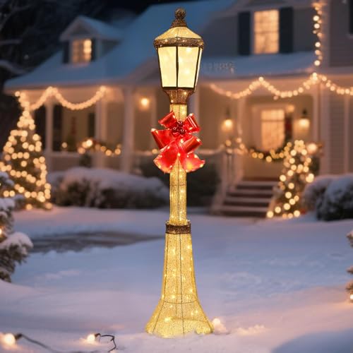 60-Inch Outdoor Christmas Decorations Outdoor Lighted Lamp Post 3D Lamppost LED Lighted Post Christmas Decoration with 128 LED Lights & Bow Holiday Decorations for Yard Porch Patio