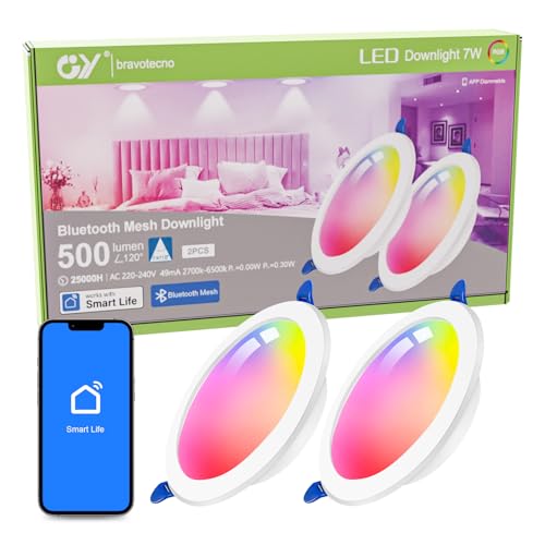 GY Downlight LED Techo Empotrable Inteligente Bluetooth Mesh, 7W 500LM RGB y 2700K-6500K Regulable, Focos Led Interior Techo IP44, Corte 100-110mm, Compatible con Smart Life, TUYA(2 Unidad)