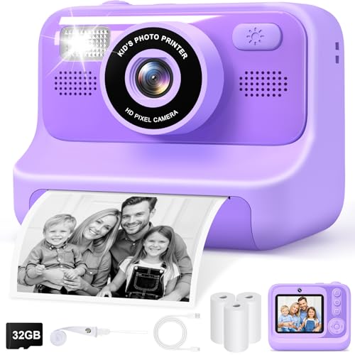 Gontence Macchina Fotografica Bambini, 2.4' HD Selfie Fotocamera Bambini con Scheda da 32 GB e 3 Rotoli di Carta da Stampa, Giochi Regalo Natale bambini bambino 3-12 Anni(Viola)