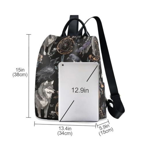 Image of ALAZA Watercolor Black Raven and Wolf Boho Backpack Purse with Adjustable Straps