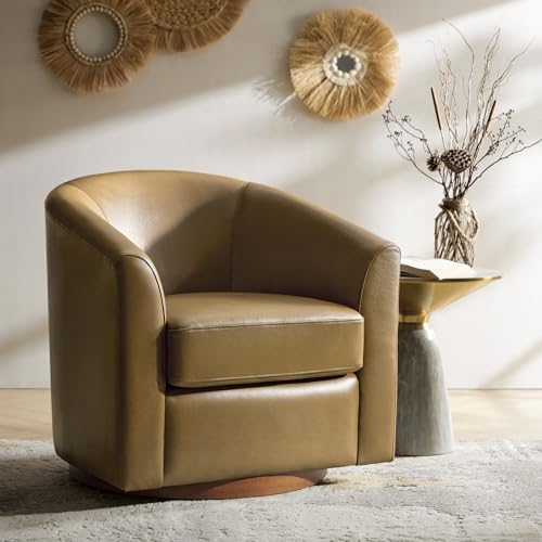 Image of HULALA HOME Genuine Leather Swivel Barrel Chair, Round Swivel Accent Chair with Solid Wood Base, No Assembly Required, Taupe