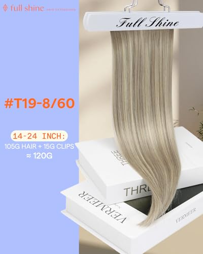 Image of Full Shine Clip in Hair Extensions Real Human Hair | Light Brown to Ash Brown Mix Platinum Blonde, Balayage Clip in Real Hair Extensions, for Cheer, 18 Inch 7 Pcs 120g