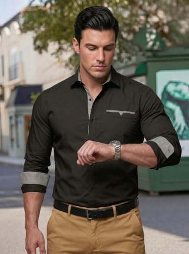 Image of Men's Cotton Blend Shirt with Solid Long Sleeves Spread Coller Neck Regular Fit Single Chest Pocket and Standard Length | Cotton Casual Shirt for Man