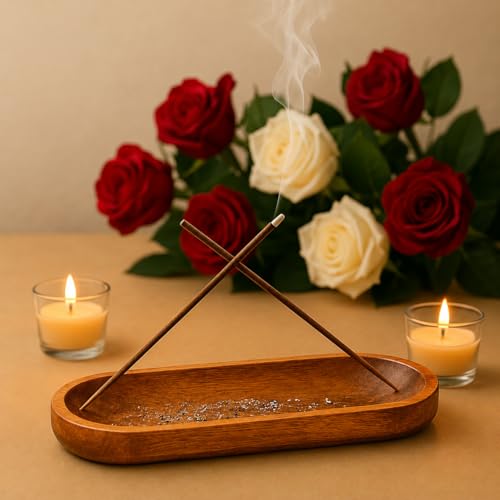 Pure Source India Wooden Incense Holder & Ash Catcher for Pooja, Handmade Agarbatti Stand for Home Fragrance & Meditation, Decorative Oval Incense Bur