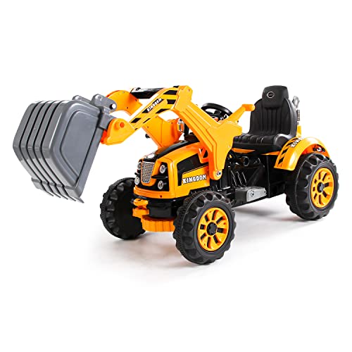 AsVIVA Kinder Elektroauto, Schaufelbagger Bagger (50 Watt Motor), elektrische bewegliche Schaufel, Einsitzer, Lenkradsteuerung, rote Warnleuchte, Elektroauto für Kinder ab 3 Jahre, gelb