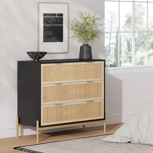 Image of Nathan James Andrew 3-Drawer Chest Rattan Dresser, Bohemian Deep Drawer Dresser for Bedroom with Natural Rattan Accent and Metal Legs, Matte Black