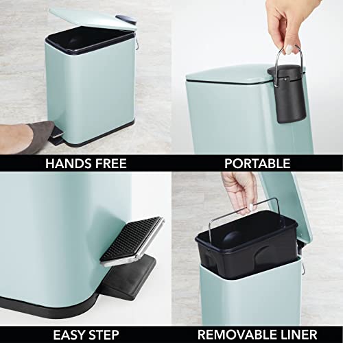 mDesign Slim Metal Rectangle 1.3 Gallon/5 Liter Trash Can with Step Pedal, Easy-Close Lid, Removable Liner - Narrow Wastebasket Garbage Container Bin for Bathroom, Bedroom, Kitchen - Matte Mint Green - Image 5