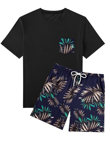LecGee Mens Hawaiian 2 Piece Summer Outfits Short Sleeve Shirt and Floral Print Shorts Sets Beach Vacation Clothes for Men2