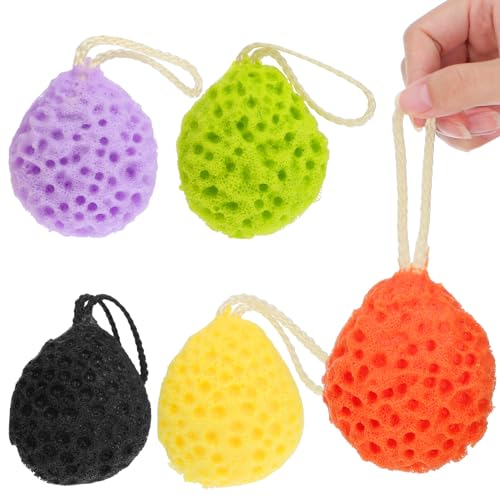 5Pcs Bath Sponges for Shower - Gentle Skin Cleansing Body Scrubbers with Hanging Loops, Colorful Multi-Colored Loofahs for Luxurious Lather and Effective Exfoliation, 3.34 X 3.14 X 1.57 Inches