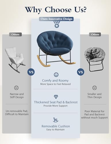 Image of Kidirect Wide Rocking Chair Nursery, Comfy Saucer Nursery Rocking Chairs with Removable Cushion, Indoor Papasan Nursing Chair for Breastfeeding, Mecedora para Adultos for Living Room & Bedroom (Blue)