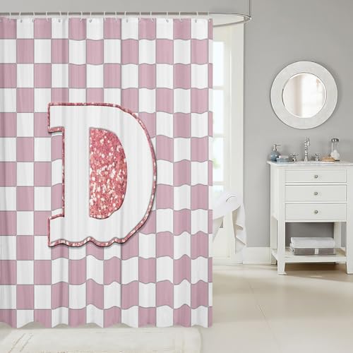 Image of Erosebridal Pink Initial D Bathroom Accessories Kawaii Plaid Checkered Shower Curtain Cute Personalized Monogram Bathroom Curtain for Kids Girls 72 inch Wx72 L Fashion Grids Gingham Shower Decor