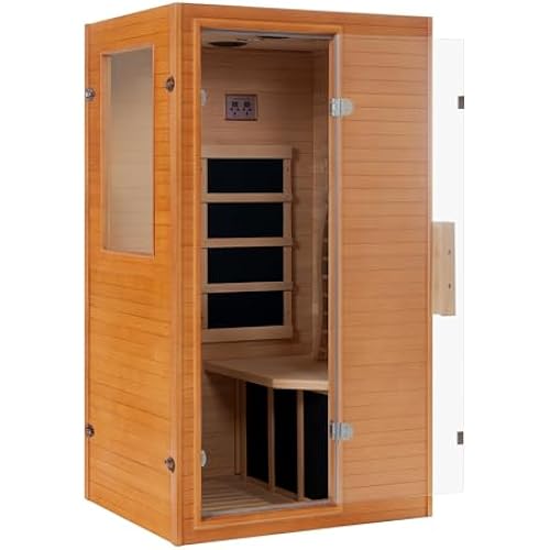 Real Relax Infrared Sauna 1 Person, Indoor Infrared Saunas for Home, Canadian Hemlock Wooden Dry Sauna, 950W 120V with Foot Warmer and 6 Heaters Panels, Compact Spa Room, 27.3"x33"x59"