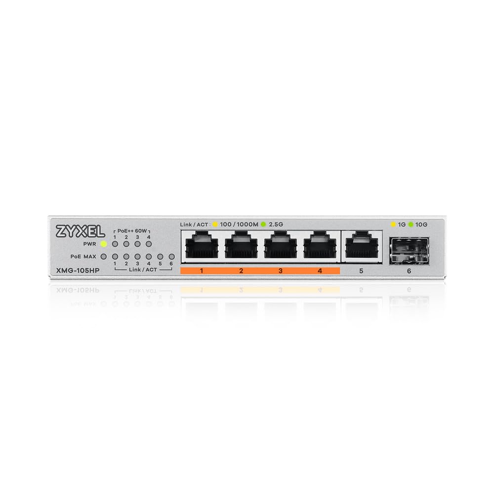 Zyxel 5-Port PoE 2.5G Multi-Gig Unmanaged Switch @ 70W avec 4 x PoE++(60W) | 1 x 10G SFP+ | Desktop ou Wall Mount [XMG-105HP]