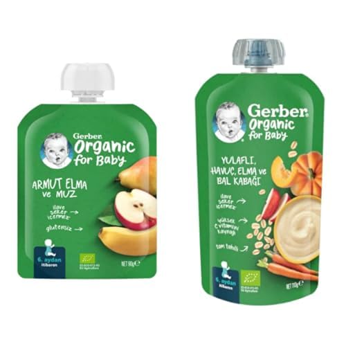 Gerber organik bebek maması seti (Meyve püresi ve tahıllı püre, 90 g ve 110 g)